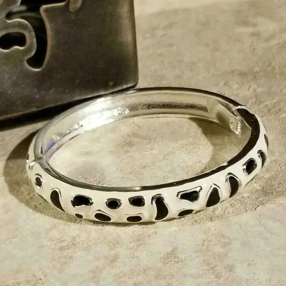 Enameled Art Deco Animal Print Hinged Bangle Bracelet White Black Silver